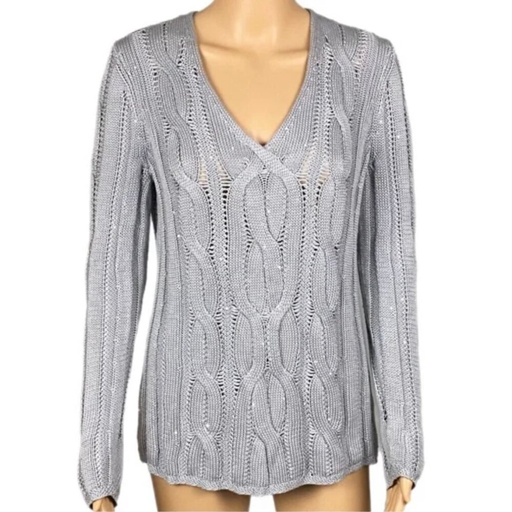 LAFAYETTE 148 Silk/Cotton blend silver cable knit sweater w/sequins. Medium. EUC